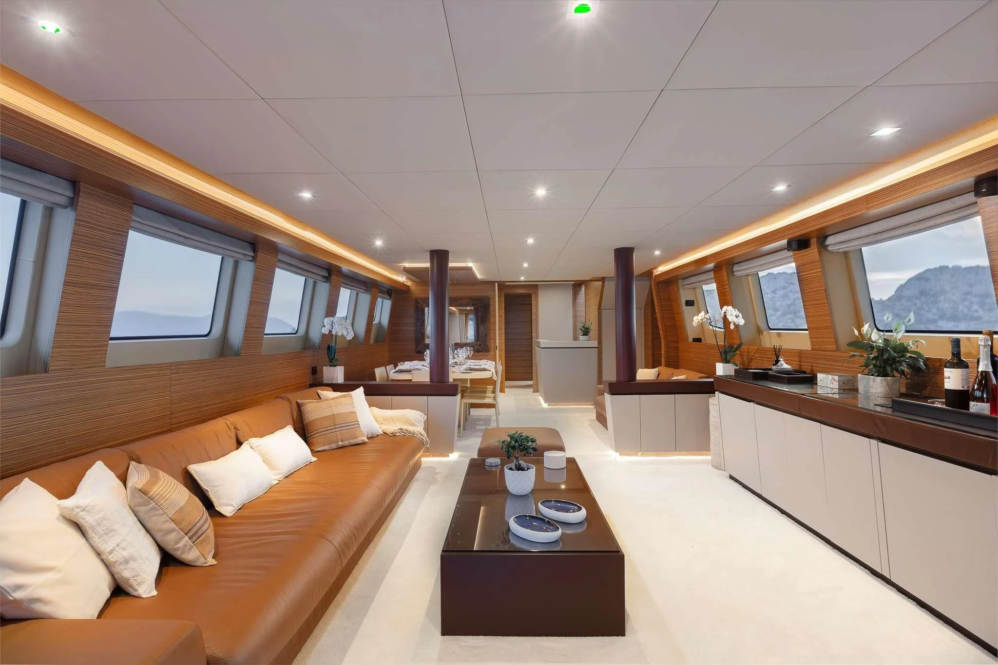 a modern looking living room aboard GIOE I Yacht for Sale