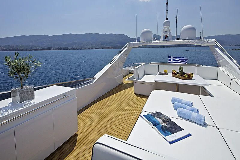 a deck with a view of the ocean and the ocean aboard GIOE I Yacht for Sale