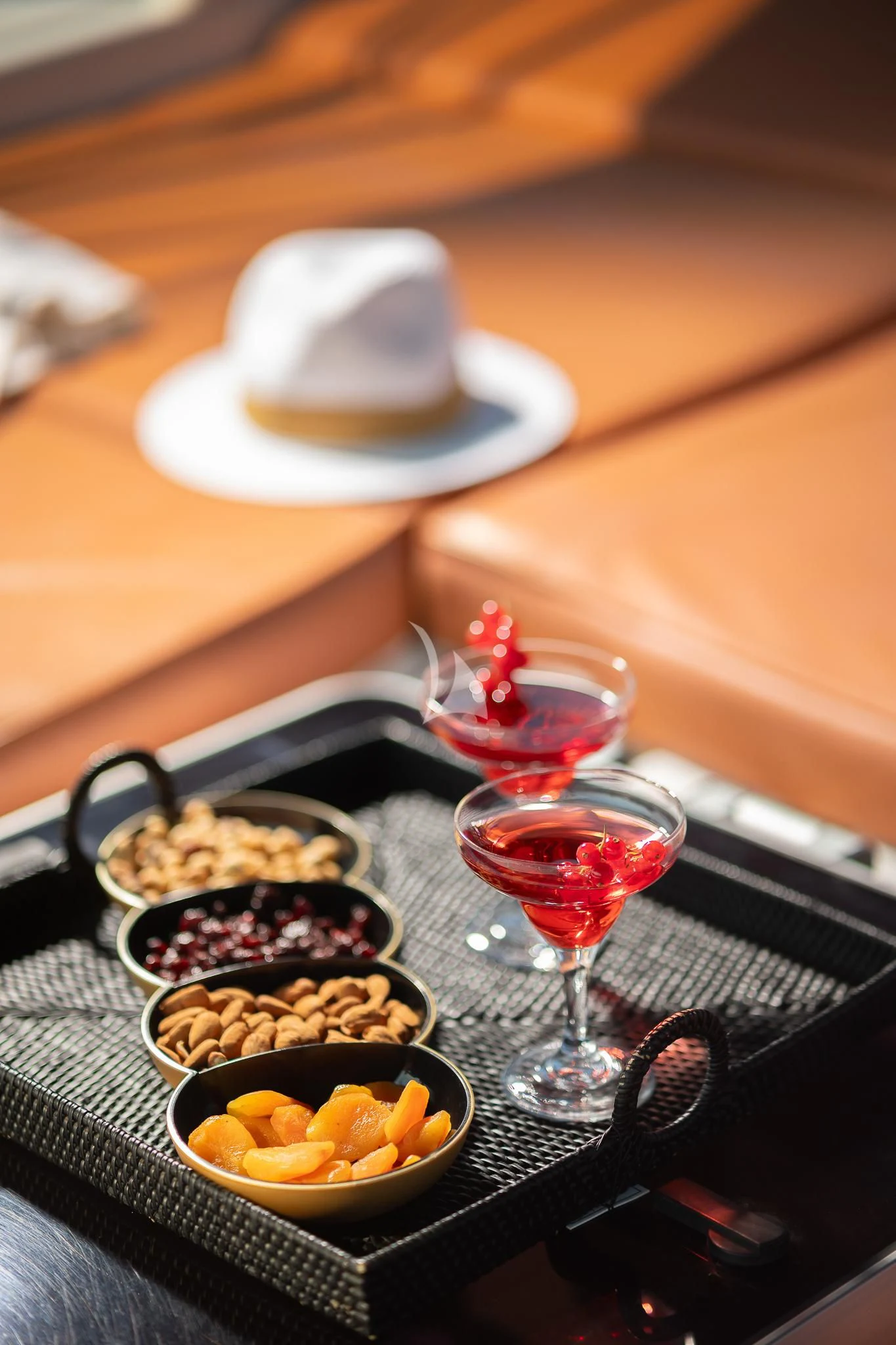 a table with food and drinks aboard GIOE I Yacht for Sale