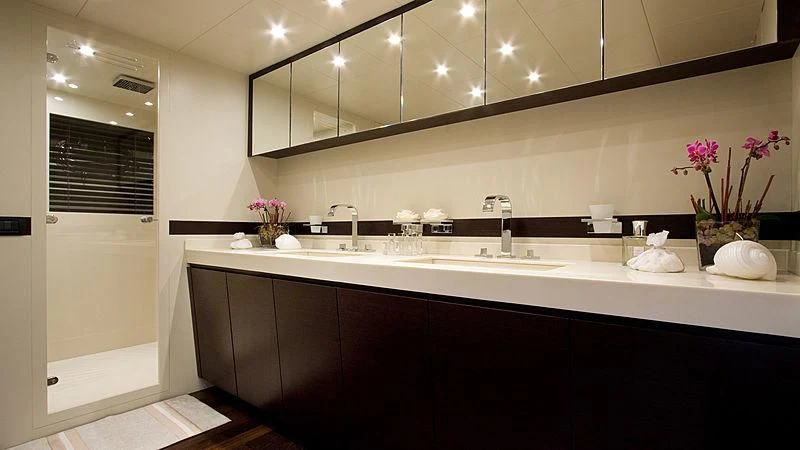 a kitchen with a large countertop aboard GIOE I Yacht for Sale