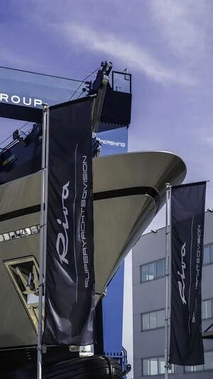 a large black and white sign aboard FORA Yacht for Sale