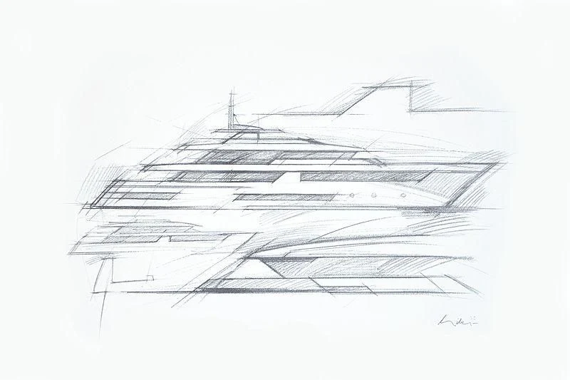 a sketch of a building aboard FORA Yacht for Sale