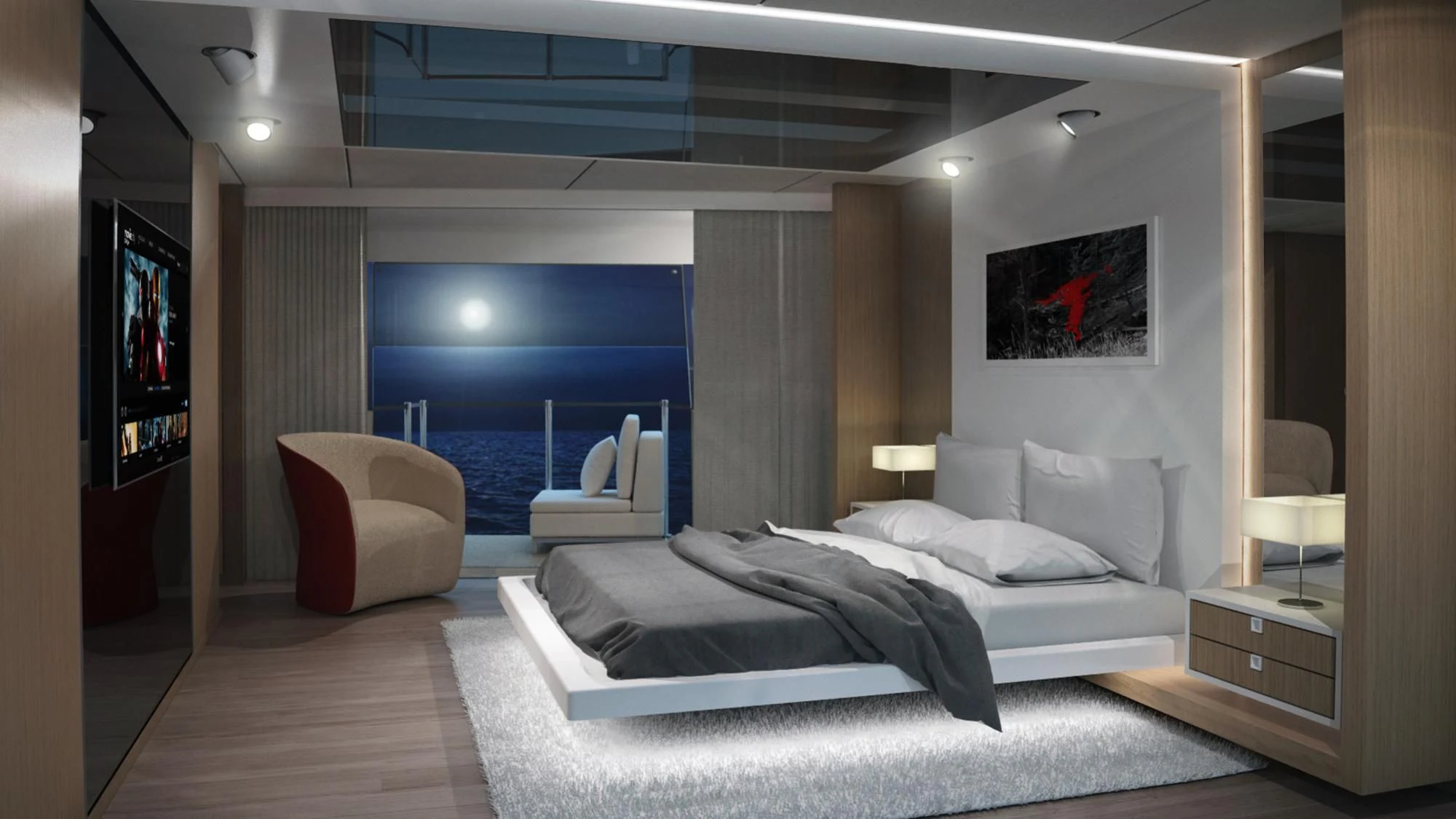 a room with a bed and a chair aboard JANGADA Yacht for Sale