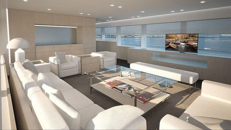 a living room with a large screen aboard JANGADA Yacht for Sale