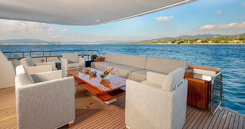 a large living room with a view of the ocean aboard JANGADA Yacht for Sale