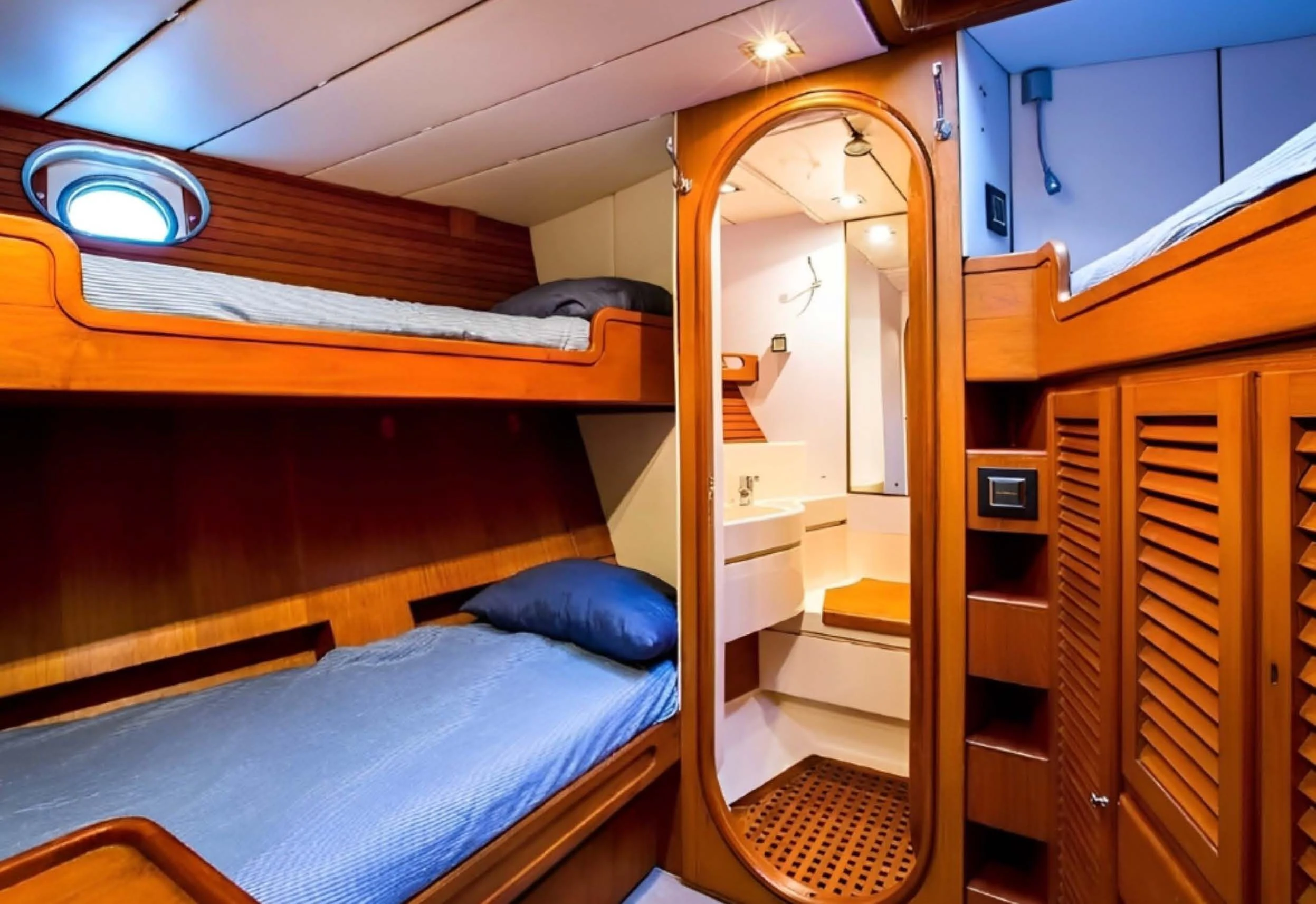 a bunk bed with a mirror above it aboard ELETTRA Yacht for Sale