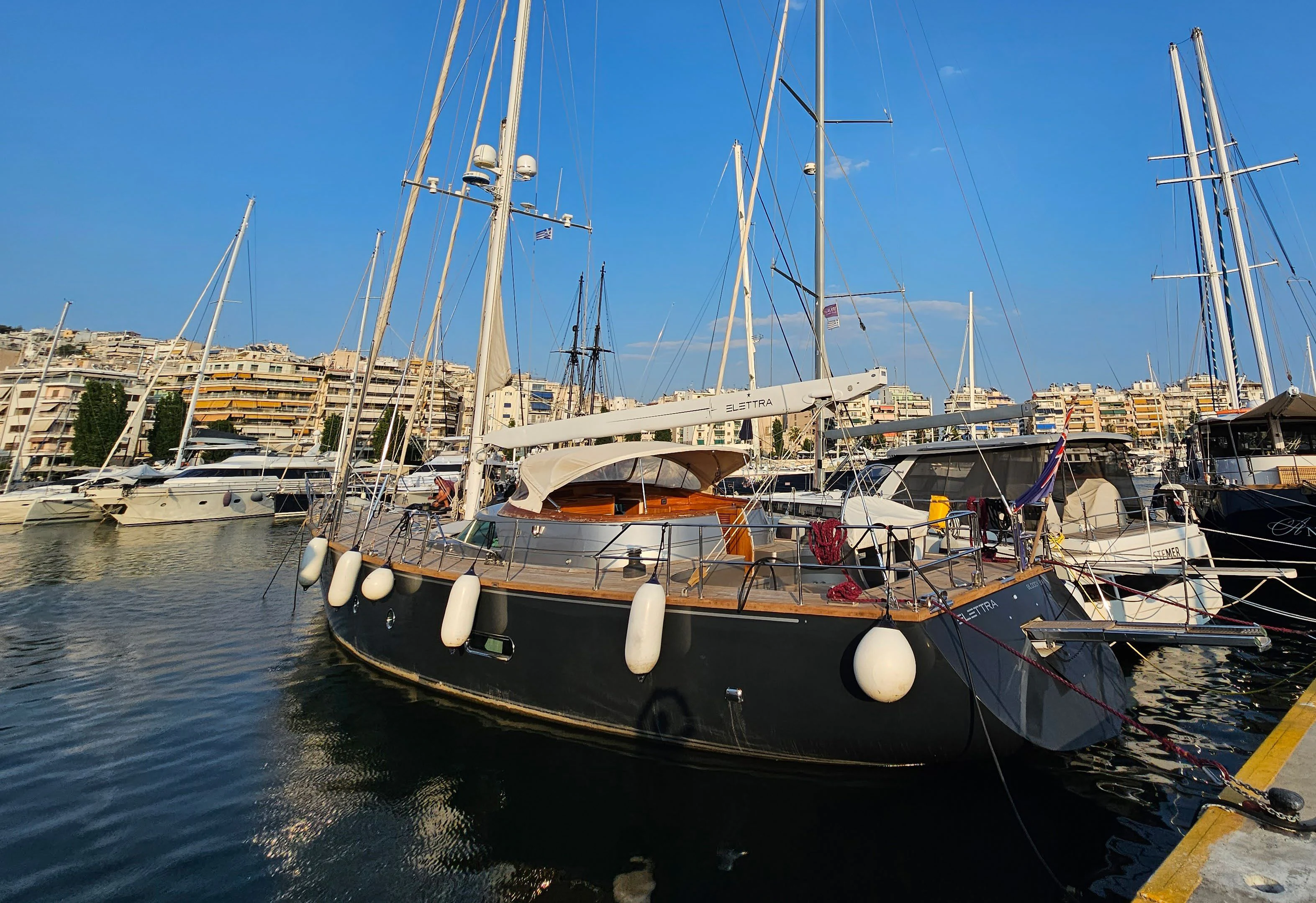a boat docked at a pier aboard ELETTRA Yacht for Sale