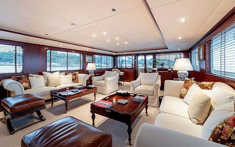 a living room with a large window aboard ARIONAS Yacht for Sale