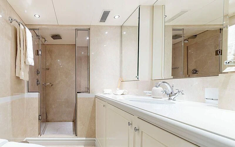 a bathroom with a sink and a shower aboard ARIONAS Yacht for Sale