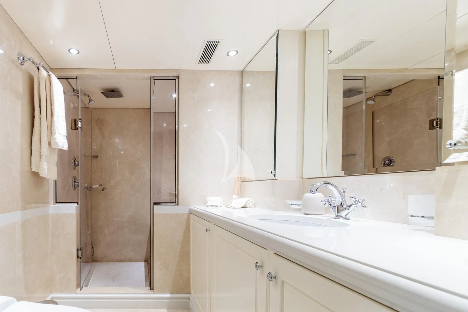 a bathroom with a shower and sink aboard ARIONAS Yacht for Sale