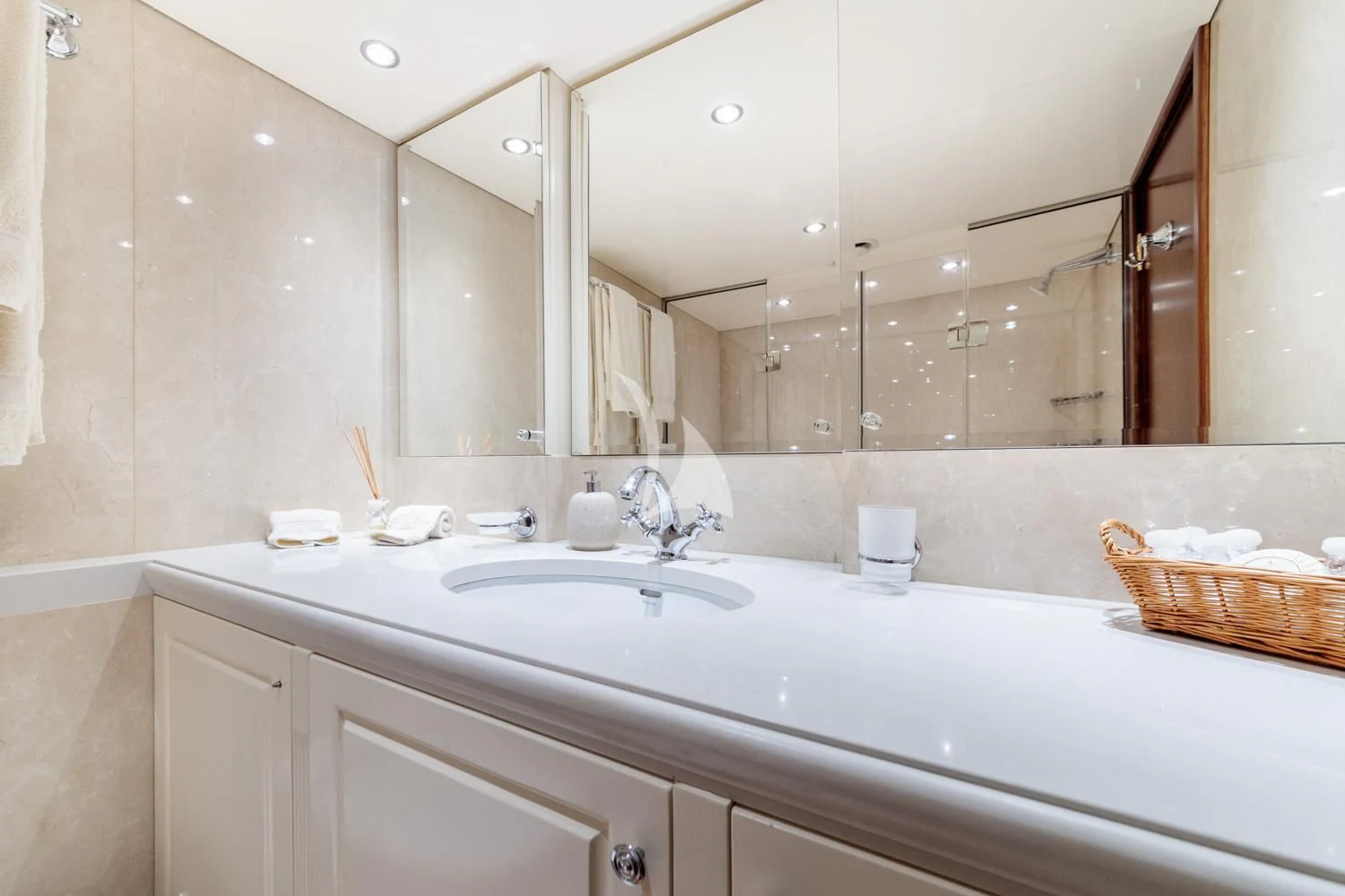 a bathroom with a large mirror aboard ARIONAS Yacht for Sale