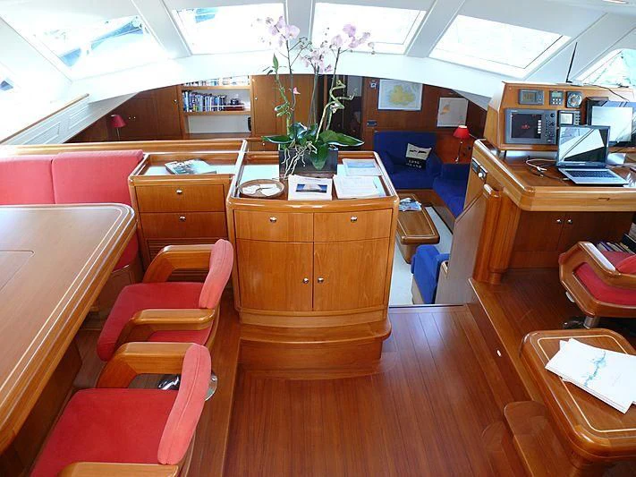 a room with a desk and chairs aboard NAKUPENDA Yacht for Sale