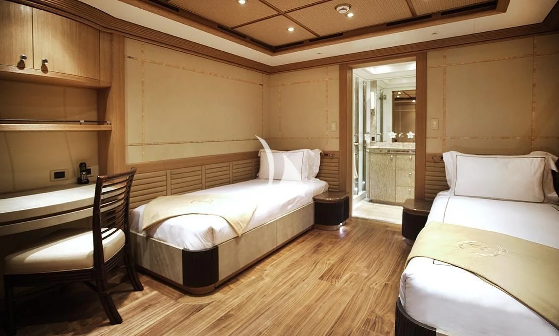 a room with two beds aboard HEMISPHERE Yacht for Sale