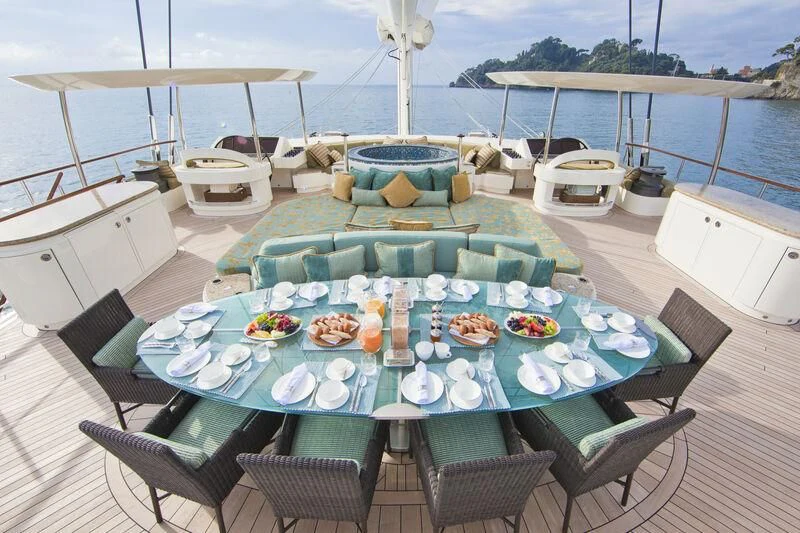 a table set with food on a deck with a body of water in the background aboard HEMISPHERE Yacht for Sale