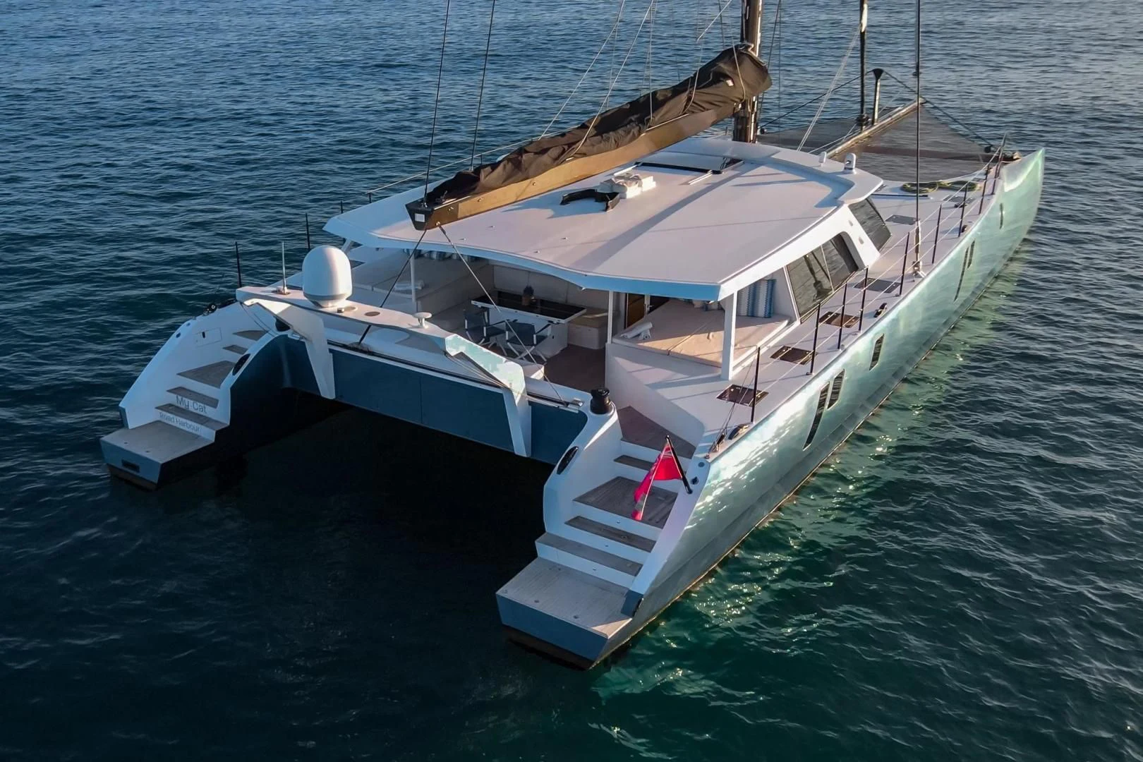 a boat on the water aboard MY CAT Yacht for Sale