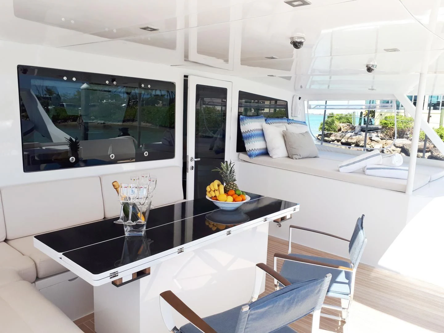 a modern looking living room aboard MY CAT Yacht for Sale