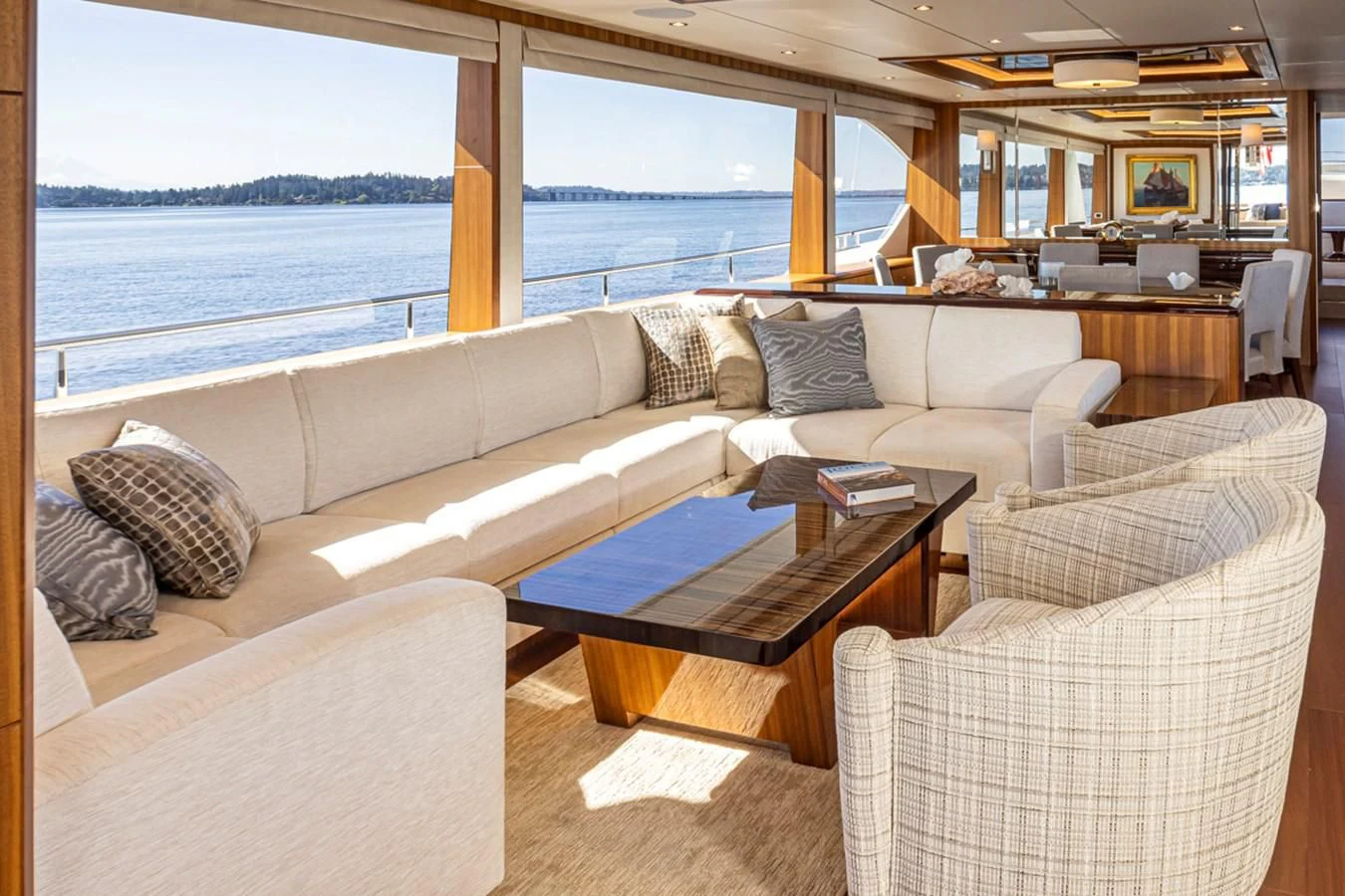 a living room with a large window aboard HYAK Yacht for Sale