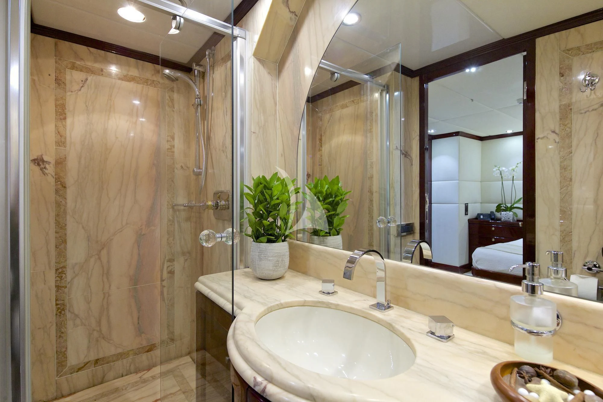 a bathroom with a large mirror aboard ALLURE A Yacht for Sale