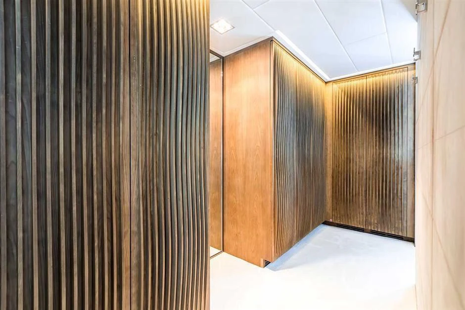 a room with black curtains aboard ALLURE A Yacht for Sale