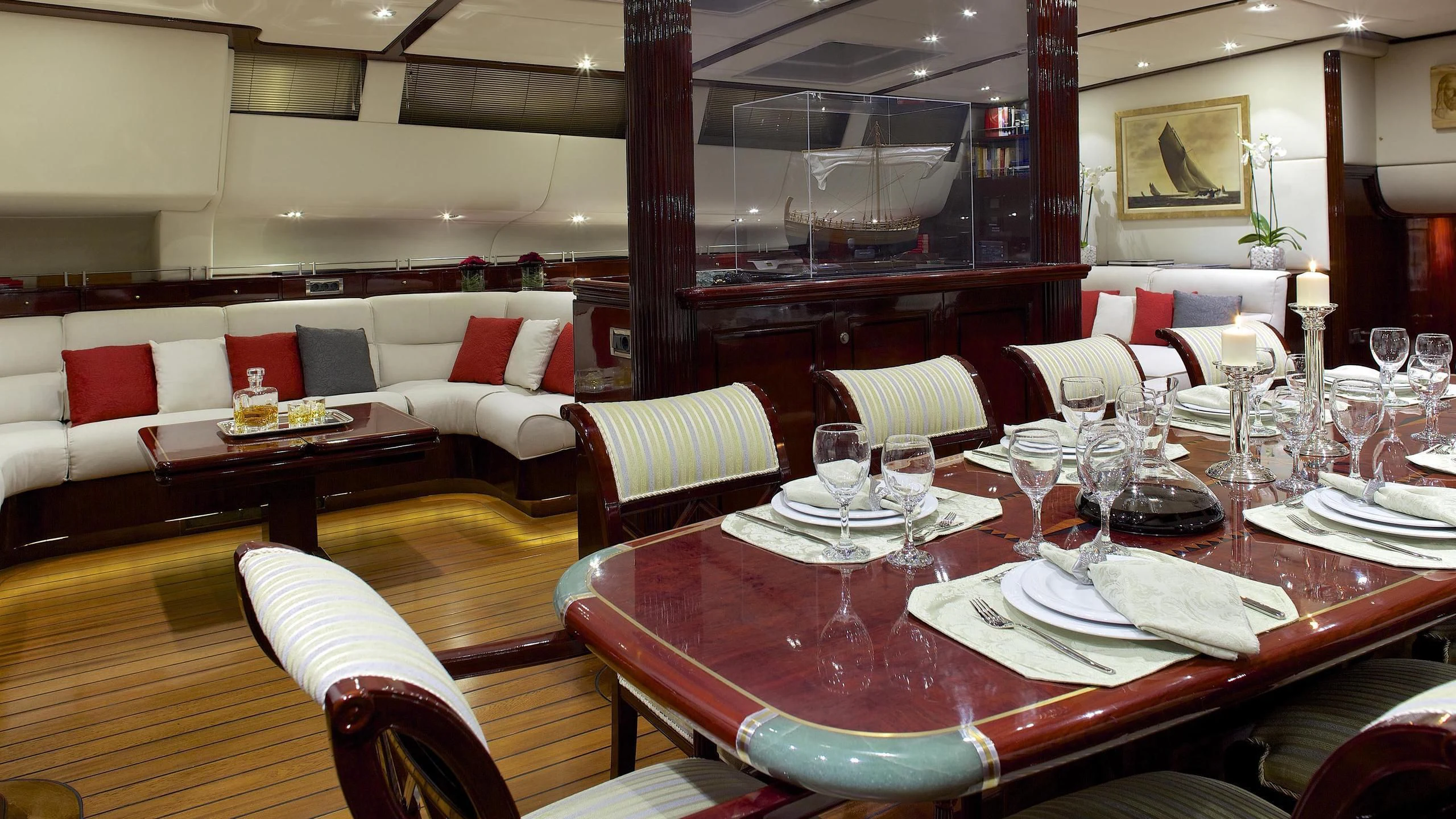 a restaurant with tables and chairs aboard ALLURE A Yacht for Sale