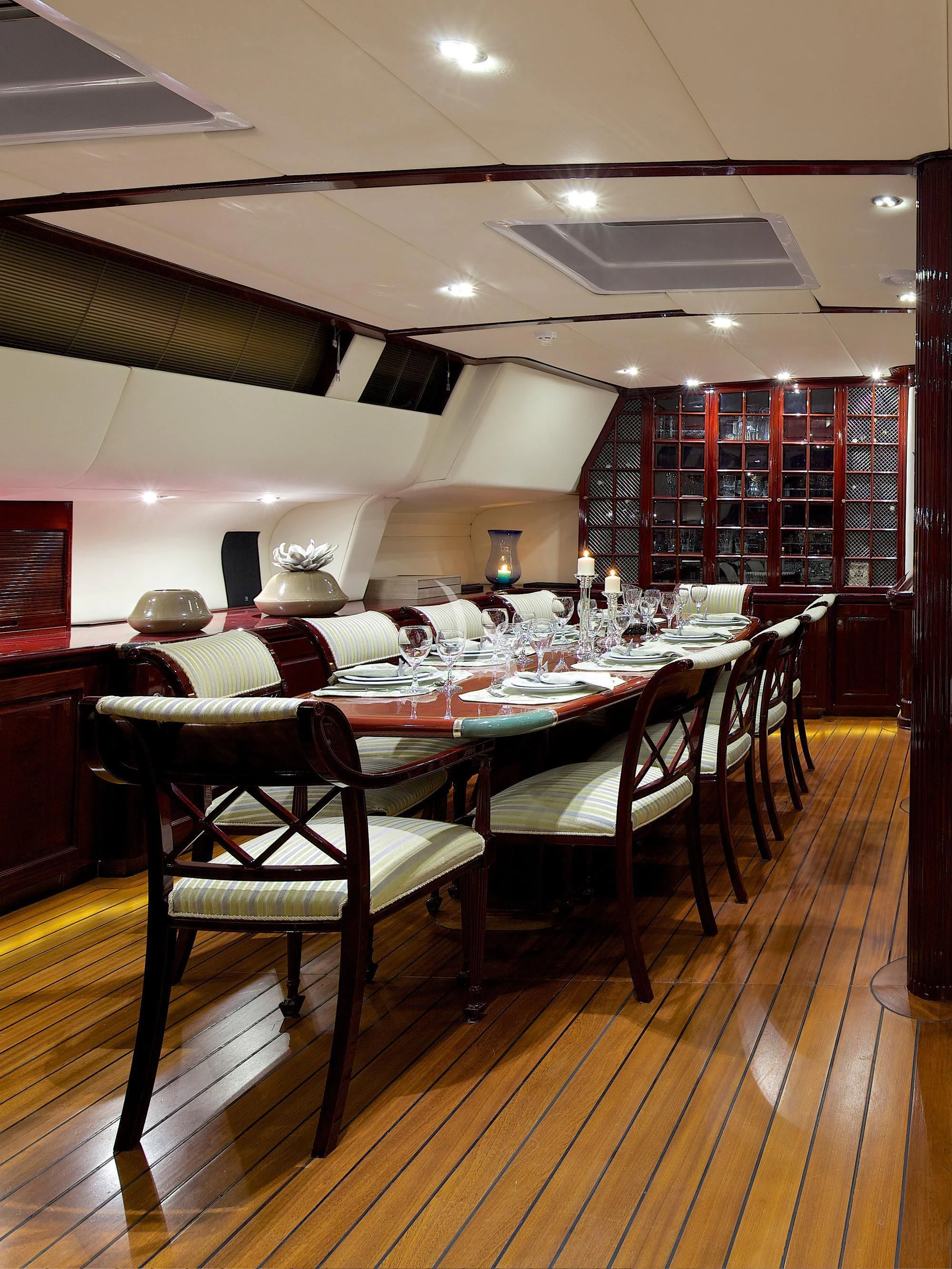 a restaurant with tables and chairs aboard ALLURE A Yacht for Sale