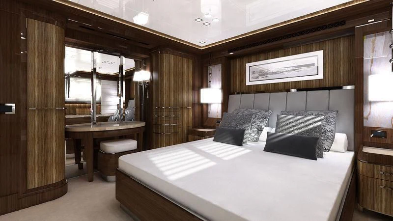 a bed in a room aboard VIATORIS Yacht for Sale