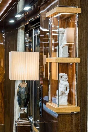 a cat sitting on a wooden shelf aboard VIATORIS Yacht for Sale