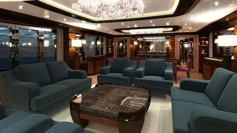 a room with blue couches and a coffee table aboard VIATORIS Yacht for Sale