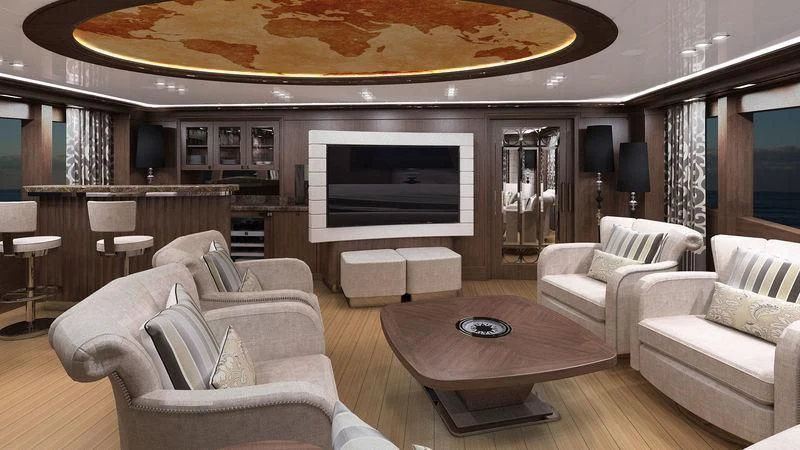 a living room with a fireplace aboard VIATORIS Yacht for Sale