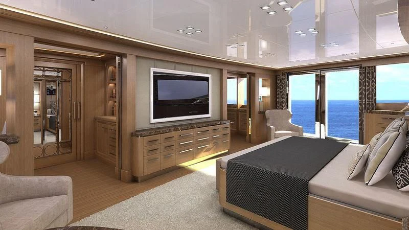 a living room with a large tv aboard VIATORIS Yacht for Sale