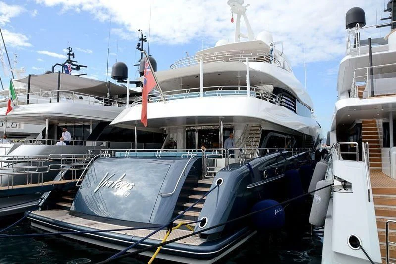 a boat docked at a pier aboard VIATORIS Yacht for Sale