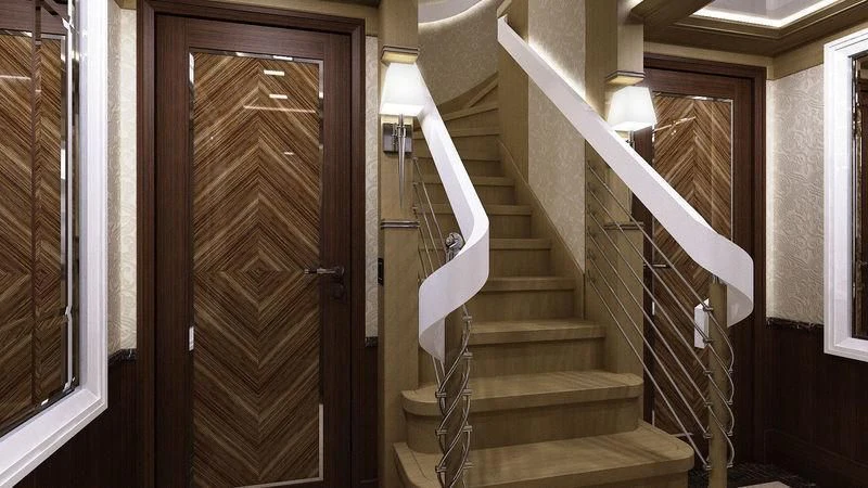 a staircase in a building aboard VIATORIS Yacht for Sale