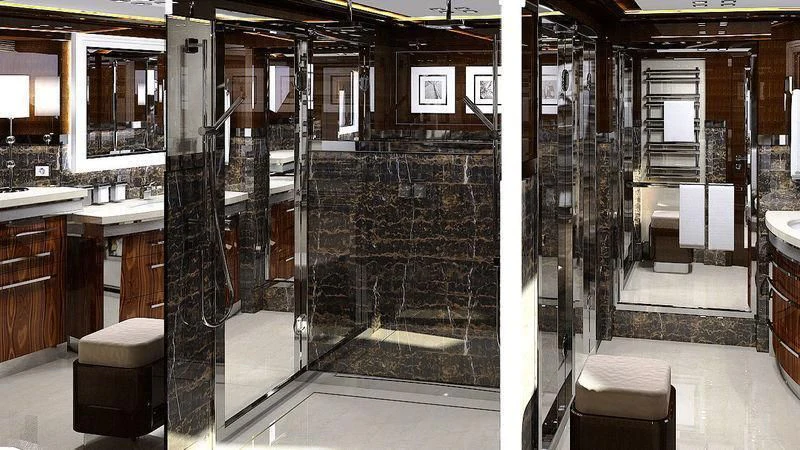 a bathroom with a glass shower aboard VIATORIS Yacht for Sale