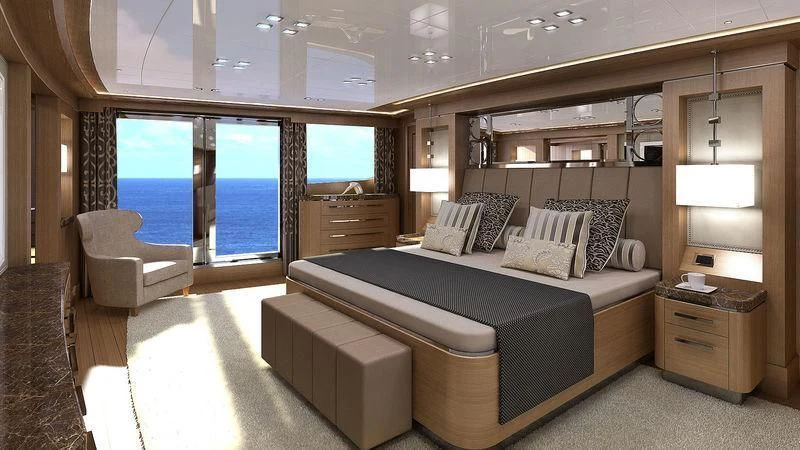 a large bedroom with a large bed aboard VIATORIS Yacht for Sale