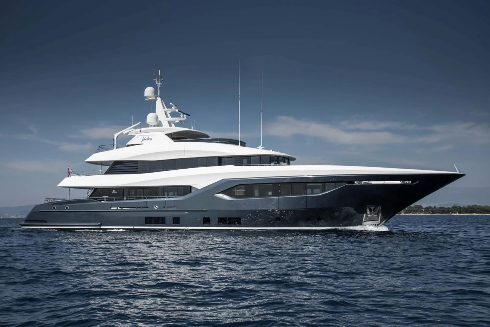 a large boat on the water aboard VIATORIS Yacht for Sale