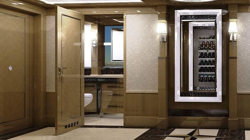 a bathroom with a glass door aboard VIATORIS Yacht for Sale