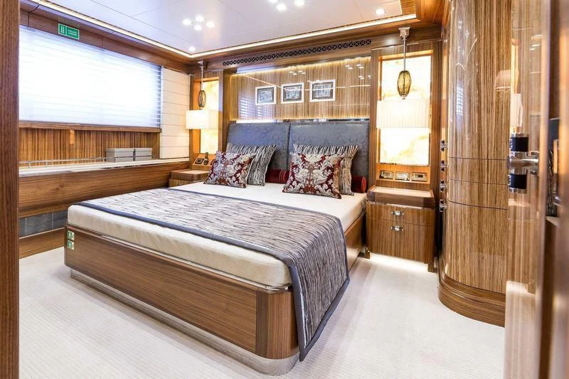 a bed in a room aboard VIATORIS Yacht for Sale