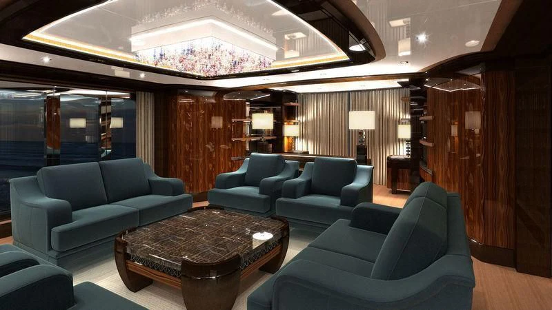 a room with a table chairs and a chandelier aboard VIATORIS Yacht for Sale