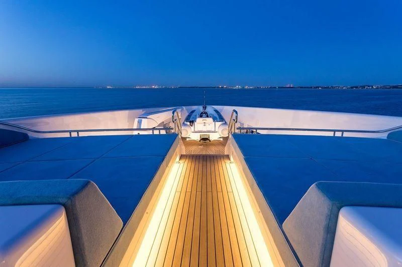 a deck overlooking a body of water aboard VIATORIS Yacht for Sale
