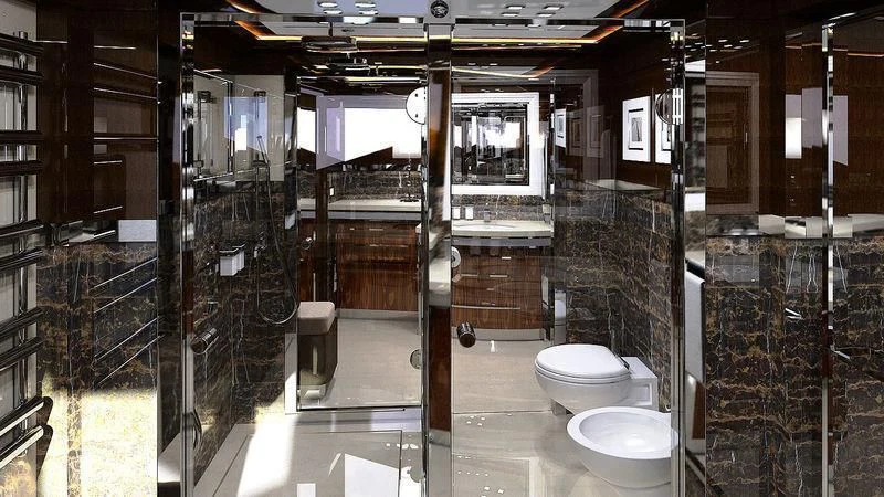 a bathroom with a toilet and a sink aboard VIATORIS Yacht for Sale