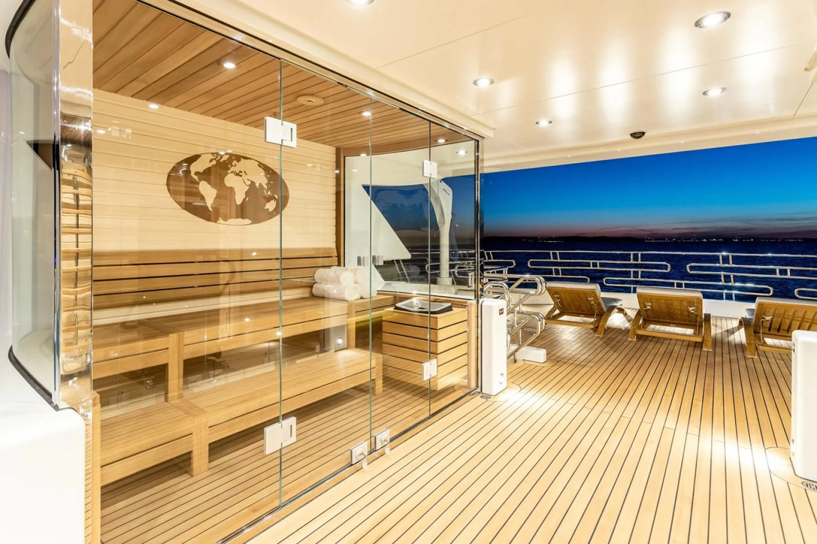 a room with a large glass wall aboard VIATORIS Yacht for Sale