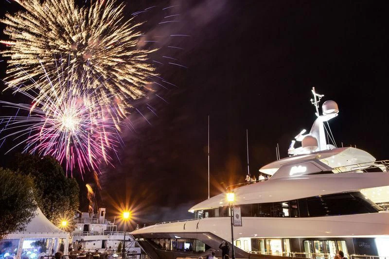 fireworks in the sky above a building aboard VIATORIS Yacht for Sale