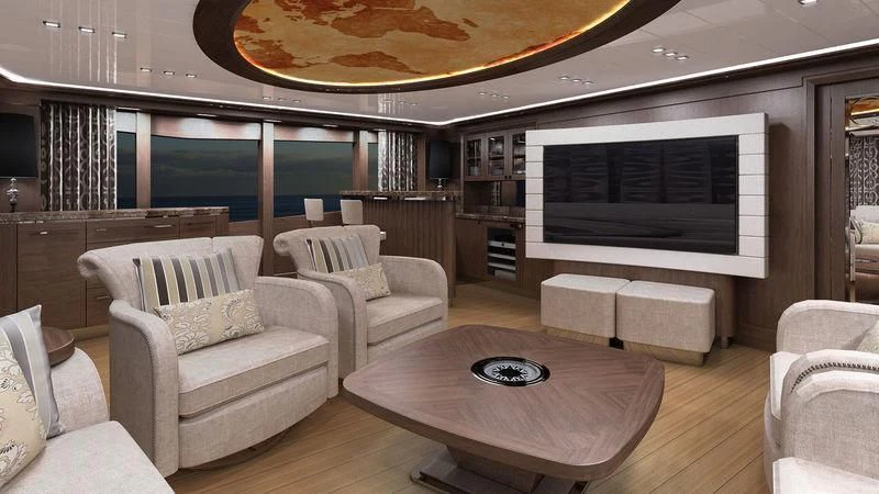 a living room with a large television aboard VIATORIS Yacht for Sale