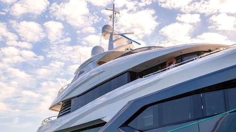 a white yacht in the water aboard VIATORIS Yacht for Sale