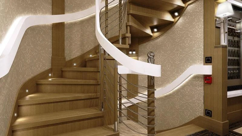 a staircase with a white railing aboard VIATORIS Yacht for Sale