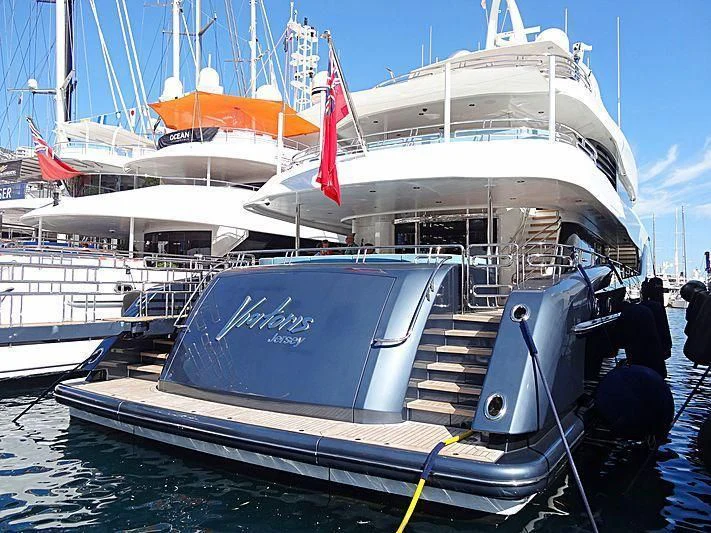 a boat docked at a pier aboard VIATORIS Yacht for Sale