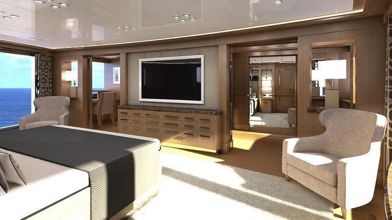 a room with a tv and a couch aboard VIATORIS Yacht for Sale