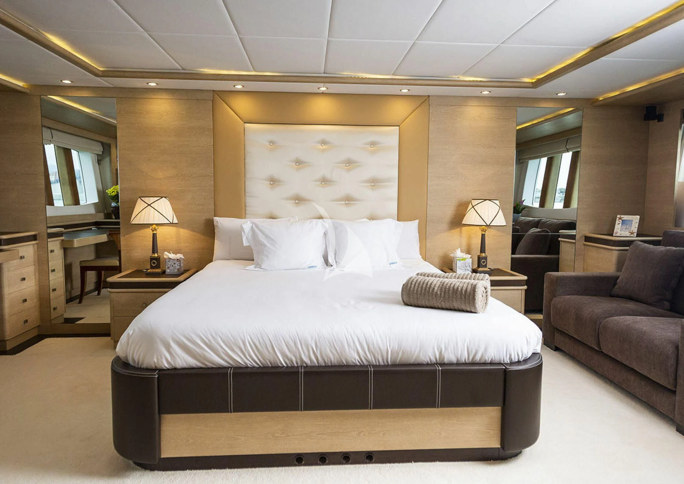 a bed in a hotel room aboard GRACE Yacht for Sale