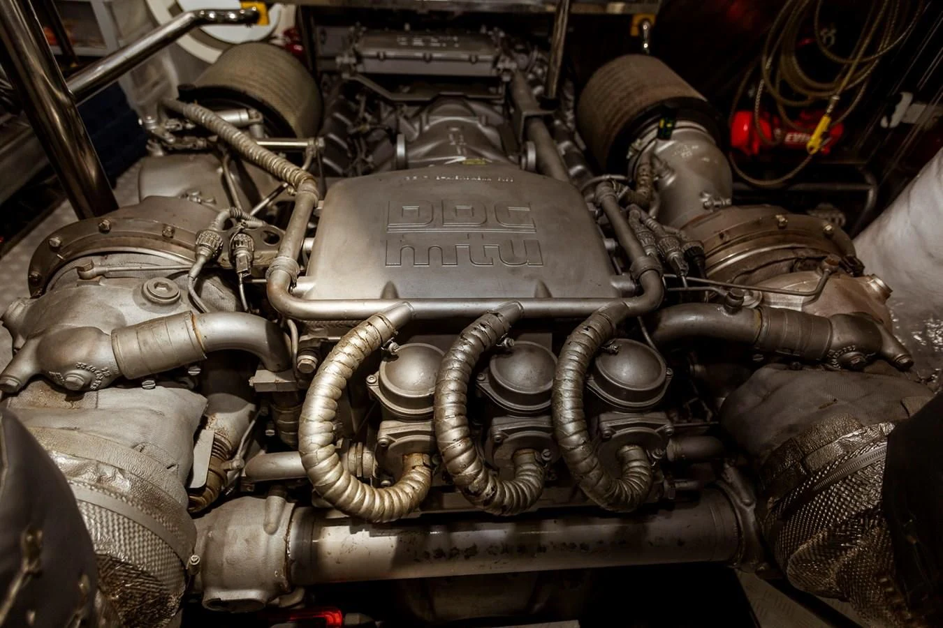 a close-up of a car engine aboard GRACE Yacht for Sale