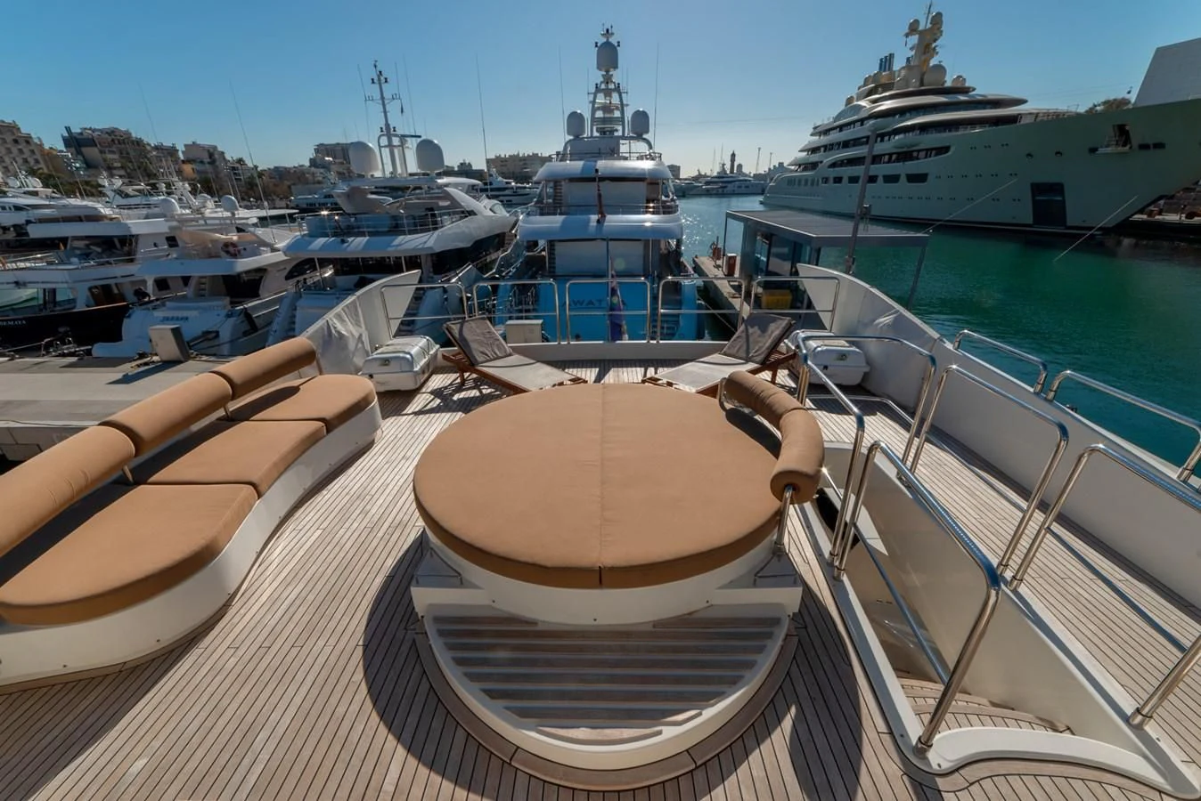 a boat docked at a pier aboard GRACE Yacht for Sale